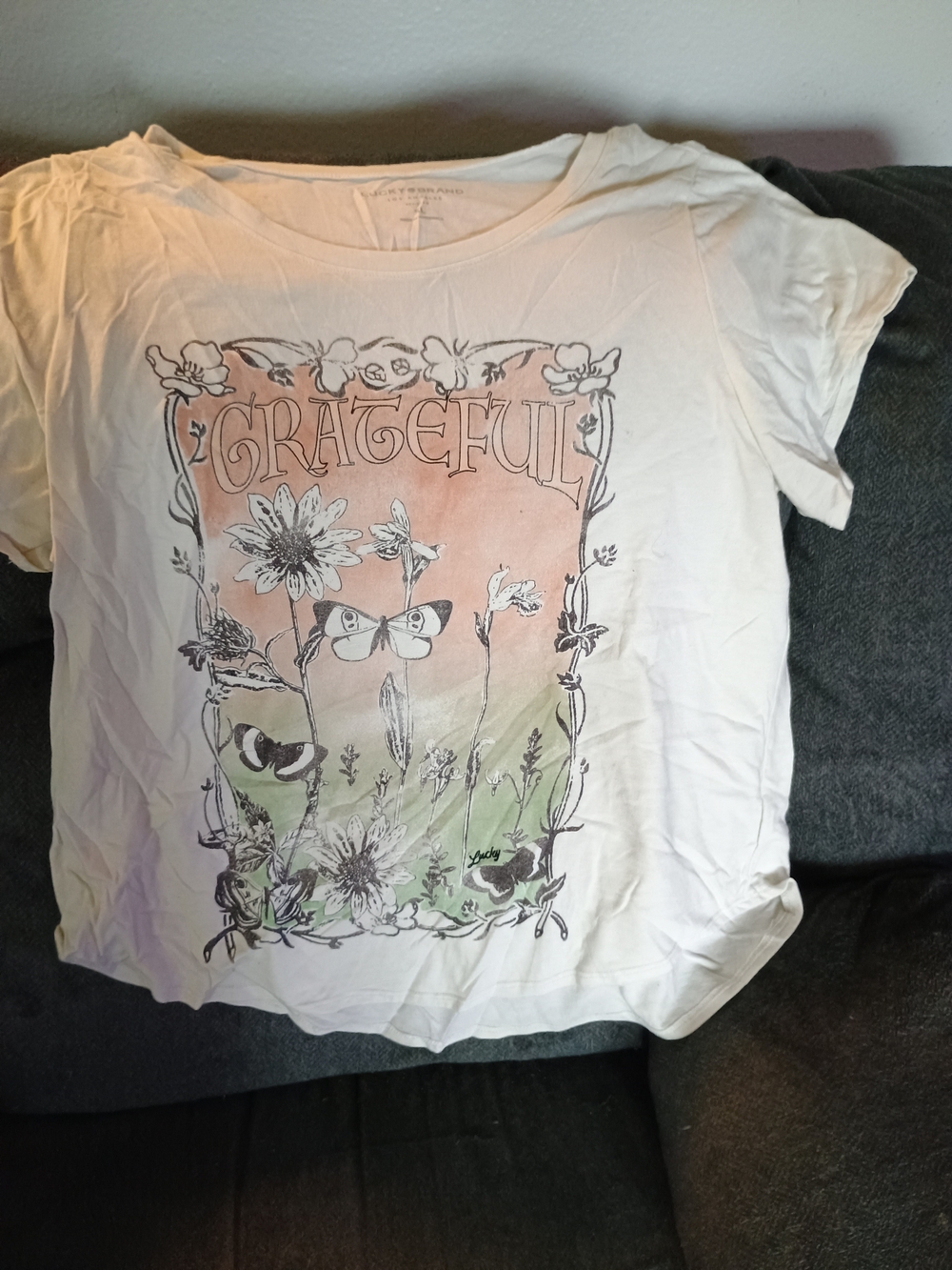Lucky Brand Women’s XL Grateful Floral Butterfly Graphic Tee Boho T Shirt